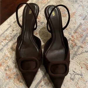 Zara Brown Slingback Heels with Pointed Toe